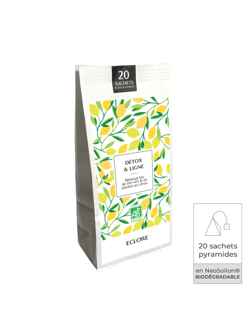 Detox & Ligne : sachet de 20 pyramides de mélange bio thé vert & plantes au citron.