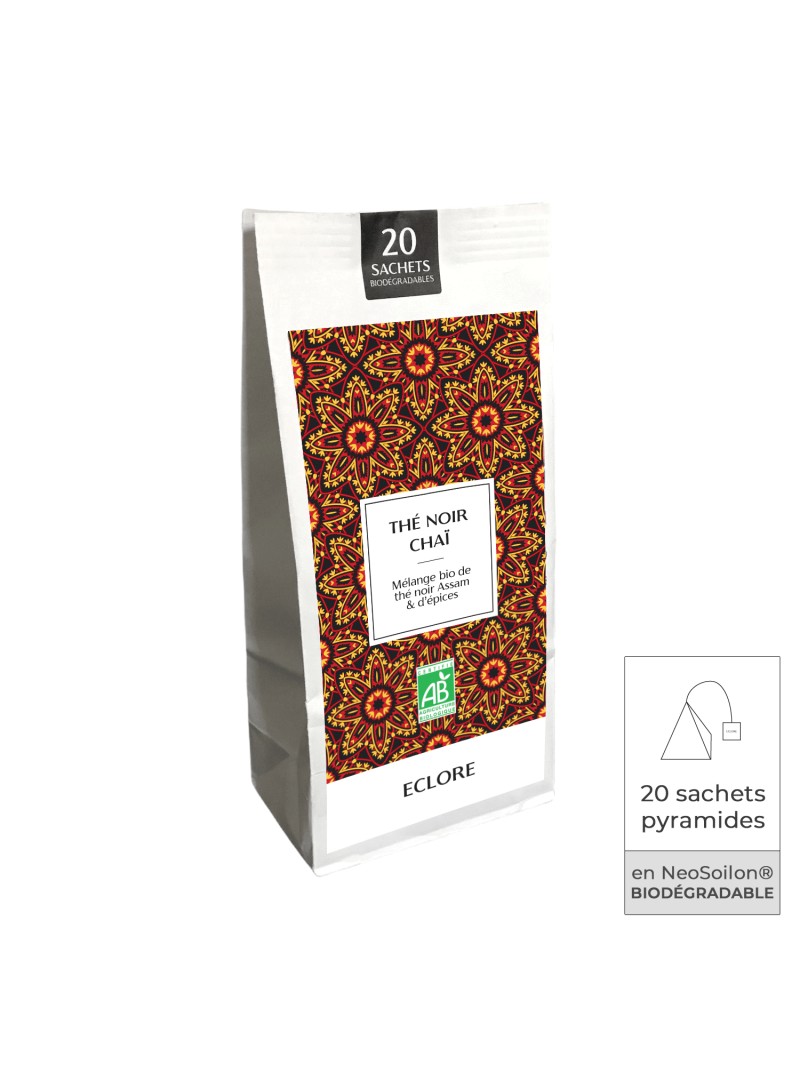 20 sachets pyramides de thé noir chaï bio ECLORE (grandes feuilles et épices entières)