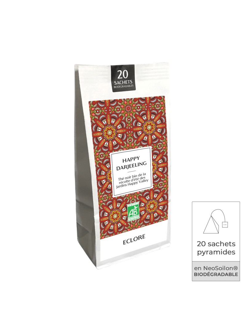 20 sachets de thé noir bio Happy Darjeeling FTGFOP1 (grandes feuilles et pointes dorées).