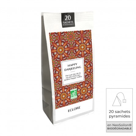 20 sachets de thé noir bio Happy Darjeeling FTGFOP1 (grandes feuilles et pointes dorées).