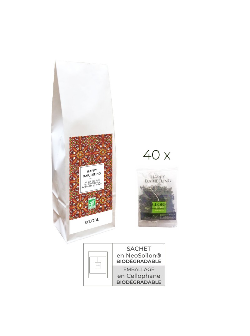 40 sachets individuels biodégradables de thé noir bio Happy Darjeeling