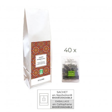40 sachets individuels biodégradables de thé noir bio Happy Darjeeling