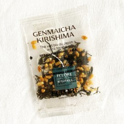Sachet compostable de thé vert bio Genmaïcha Kirishima sous emballage sans plastique ni métal, certifié ok compost home