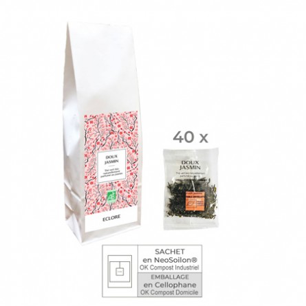 Thé au jasmin bio en sachets individuels compostables sans plastique.