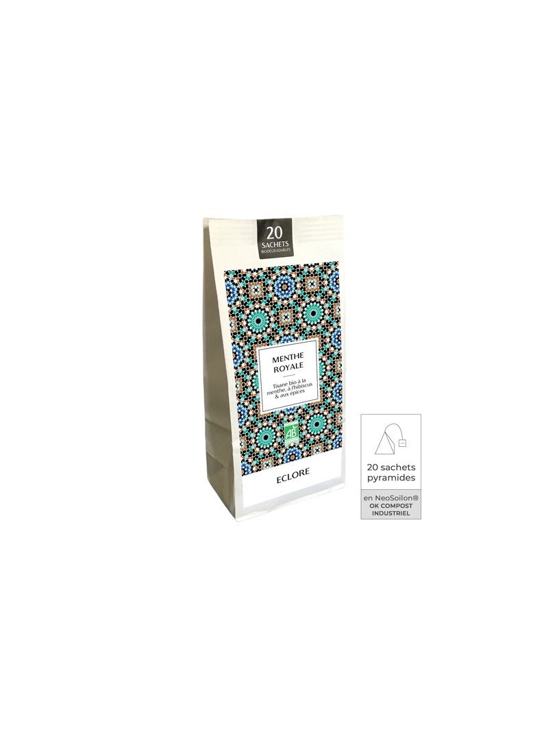 Tisane bio à la menthe, fleurs et épices en sachets compostables