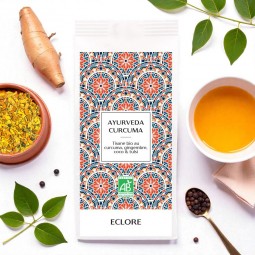 Tisane ayurvedique bio au curcuma, gingembre, poivre noir, noix de coco et tulsi/