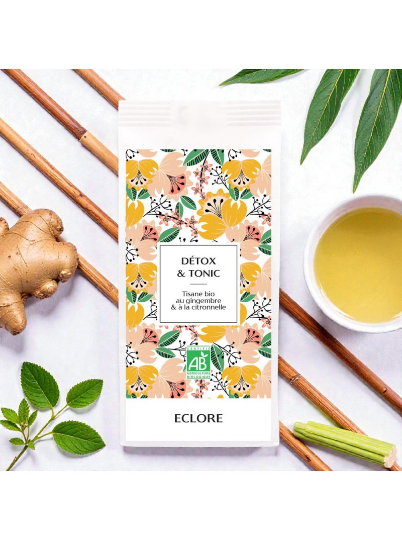 Tisane bio detox à la citronnelle et au gingembre, inspirée de la tradition balinaise.