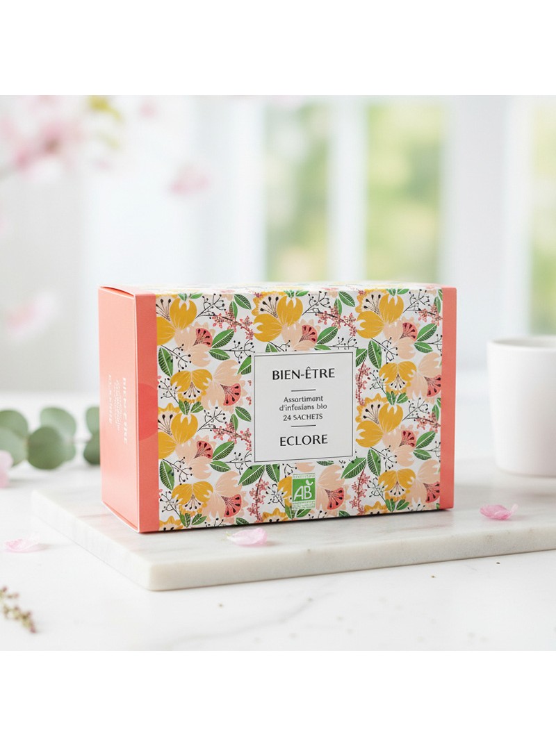 Coffret d'infusions bio en sachets compostables pour un cadeau bien-être écoresponsable.
