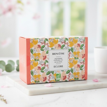 Coffret d'infusions bio en sachets compostables pour un cadeau bien-être écoresponsable.