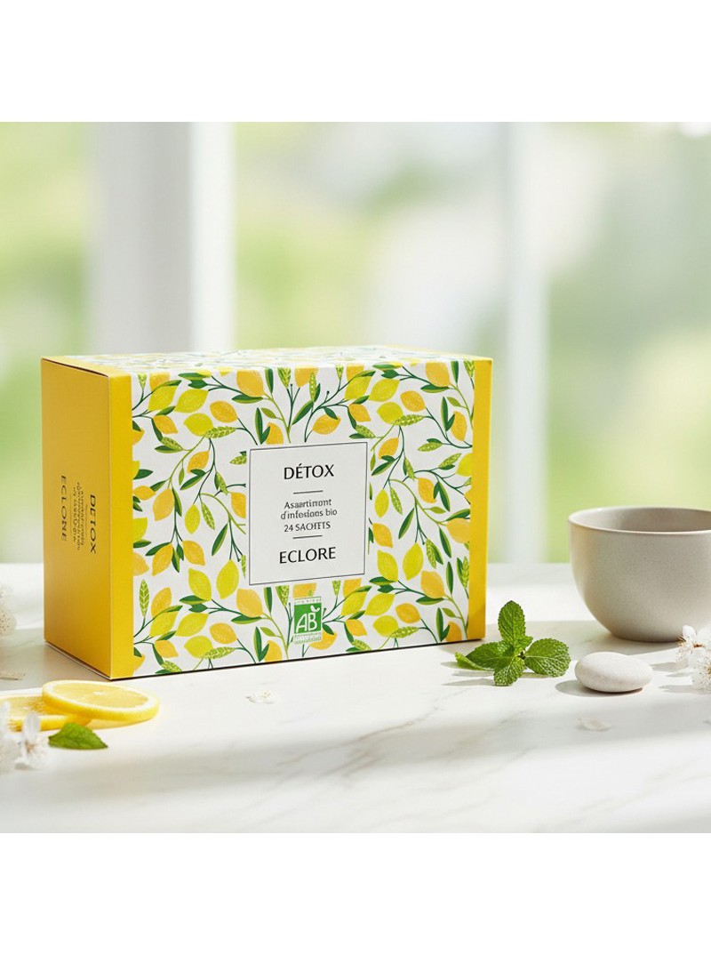 Coffret de thés et tisanes detox bio en sachets compostables pour un cadeau écoresponsable.