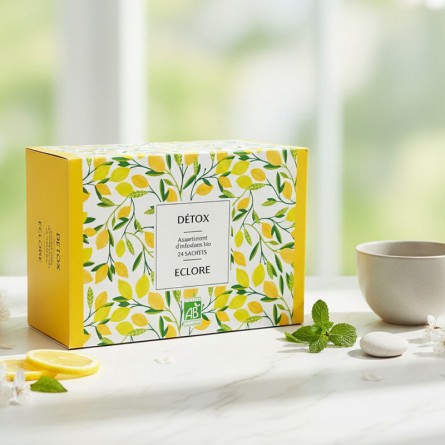 Coffret de thés et tisanes detox bio en sachets compostables pour un cadeau écoresponsable.