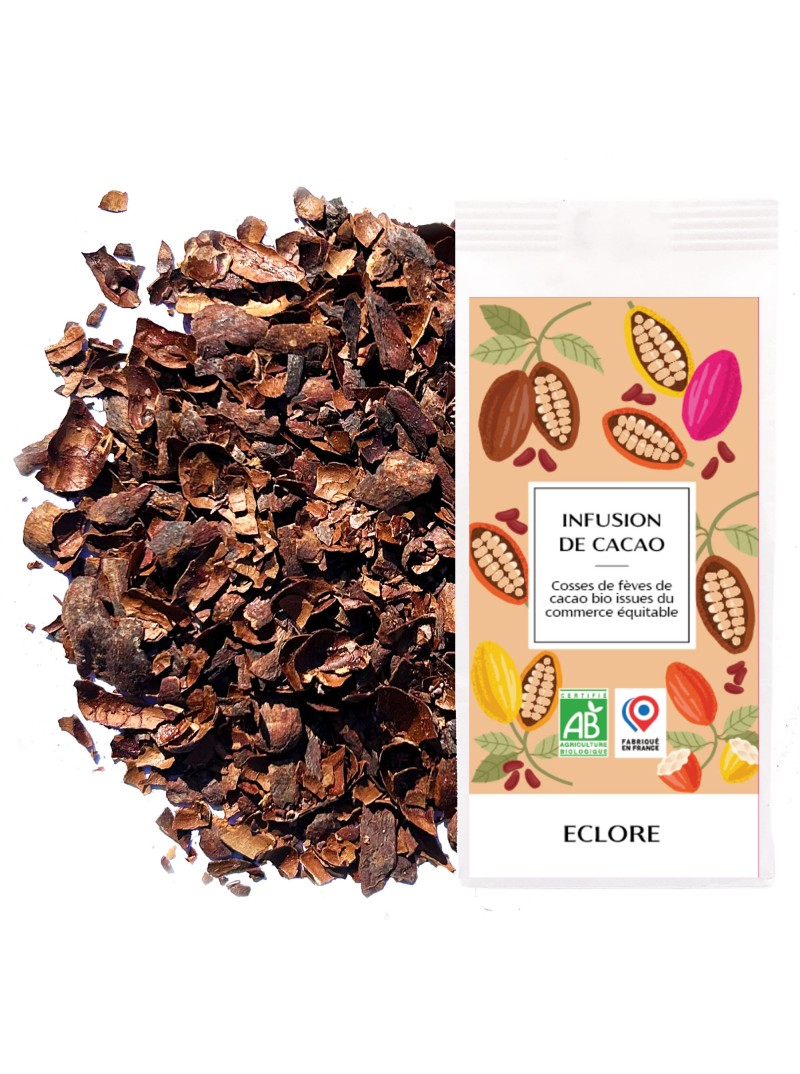 Infusion de cacao bio : cosses de fèves de cacao bio et équitable torréfiées en vrac