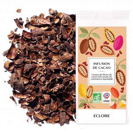 Infusion de cacao bio : cosses de fèves de cacao bio et équitable torréfiées en vrac