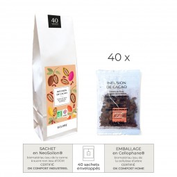 Infusion de cacao bio en sachets enveloppés compostables  sans plastique prétrosourcé