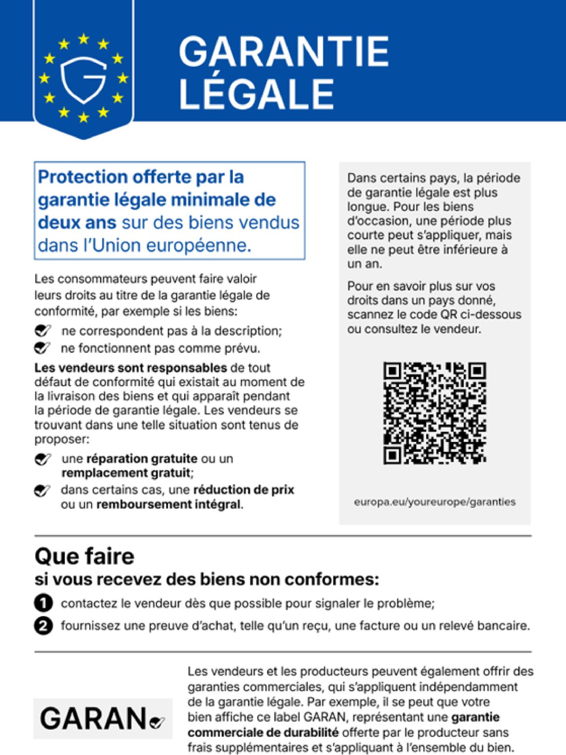Notice harmonisée de l'UE : garantie légale de conformité de deux ans